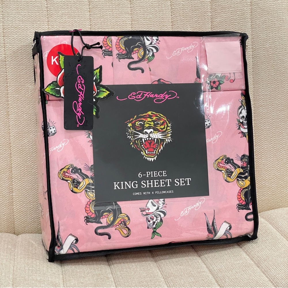 NEW Ed Hardy Pink Tattoo Print 6 Piece King Sheet Set Tiger Skull Rose